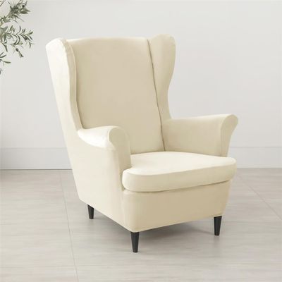 ZYANLING Stretch Velvet Wingback Chair Covers 2 Piece with Ottoman Cover,Stretch Wing Chair Slipcover,Washable Sofa Cover Furniture Protector for Bedroom (78-85cm (Wingback Chair Covers),Beige)