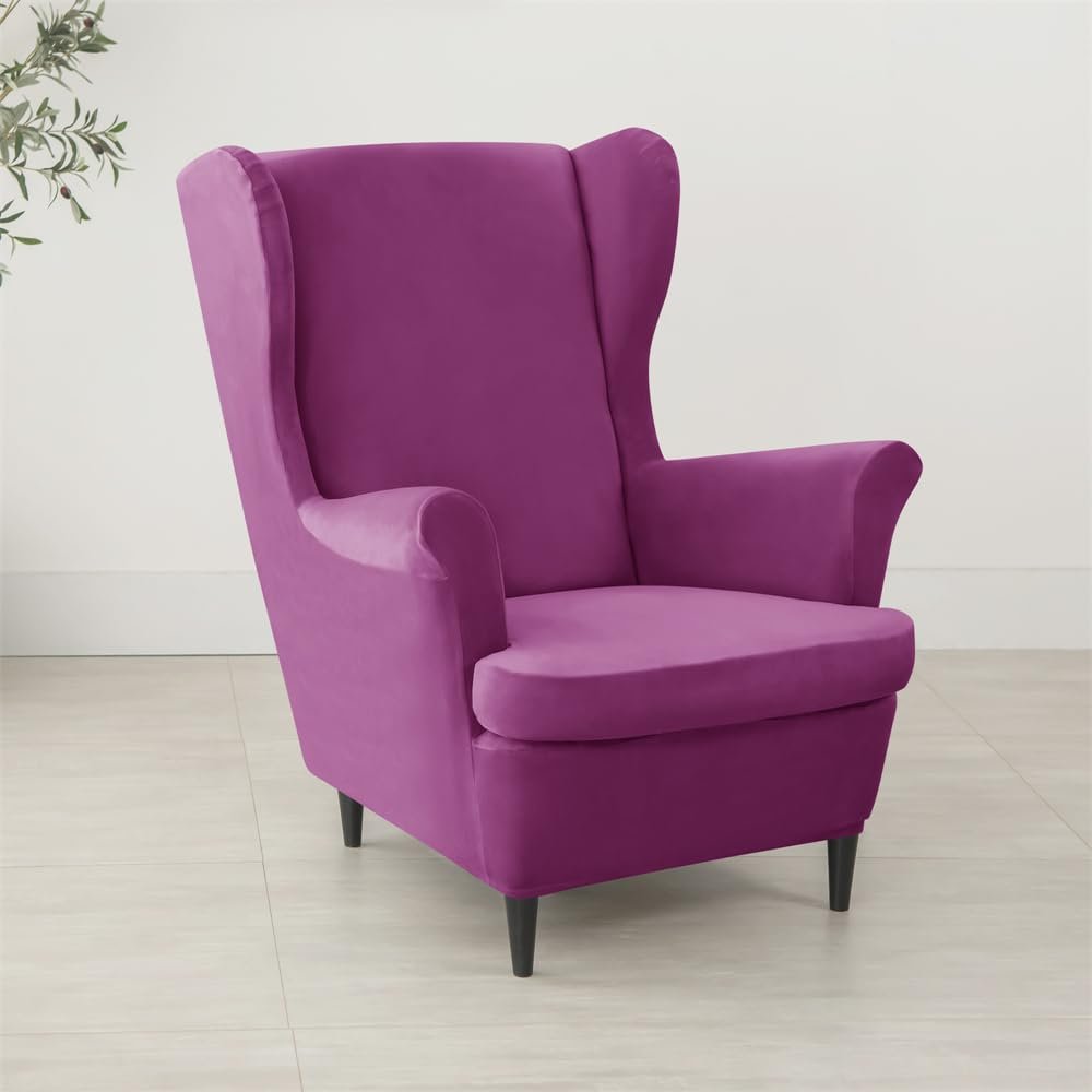 ZYANLING Stretch Velvet Wingback Chair Covers 2 Piece with Ottoman Cover,Stretch Wing Chair Slipcover,Washable Sofa Cover Furniture Protector for Bedroom (78-85cm (Wingback Chair Covers),Purple)