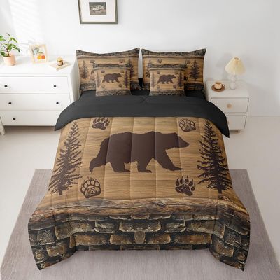 Feelyou Bear Farmhouse Bed in a Bag Boys Queen Size, 7 Pieces Cute Bear Bedding Set for Kids, Ultra Soft Wildlife Decor Bed Set Includes Comforter, Sheet Set, Pillowcases