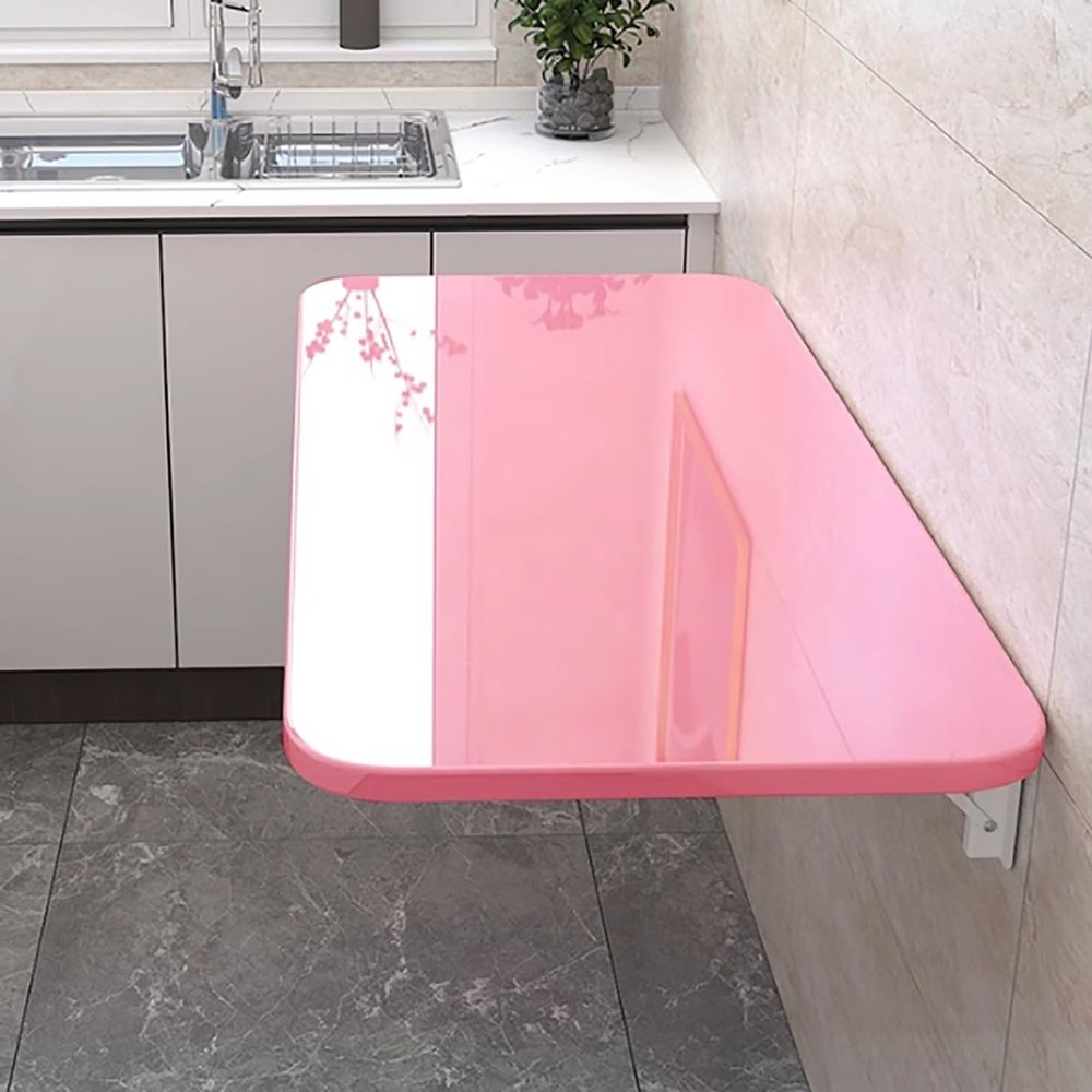 Wall Mounted Table Folding Floating Laptop Desk Fold-Down Work Table Drop-Leaf Table Wall Writing Desk Table Computer Desk Dining Table With Brackets For Space Saving(Pink,50*30cm/20*12in)