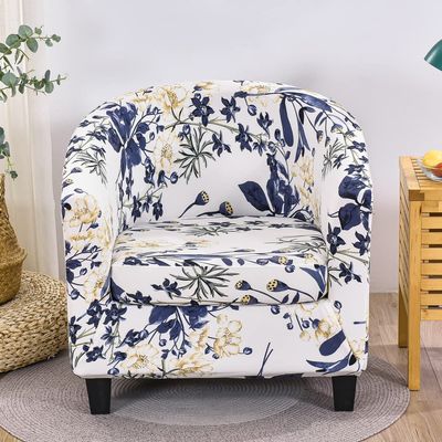 ZYANLING Stretch Armchair Slipcovers 2 Piece Floral Tub Chair Cover Armchair Slipcovers with Cushion Cover Stretch Spandex Removable Washable Tub Chair Protector for Club Living Room (Blue Flower)