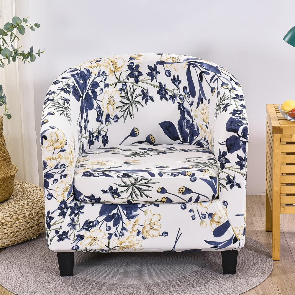 ZYANLING Stretch Armchair Slipcovers 2 Piece Floral Tub Chair Cover Armchair Slipcovers with Cushion Cover Stretch Spandex Removable Washable Tub Chair Protector for Club Living Room (Blue Flower)