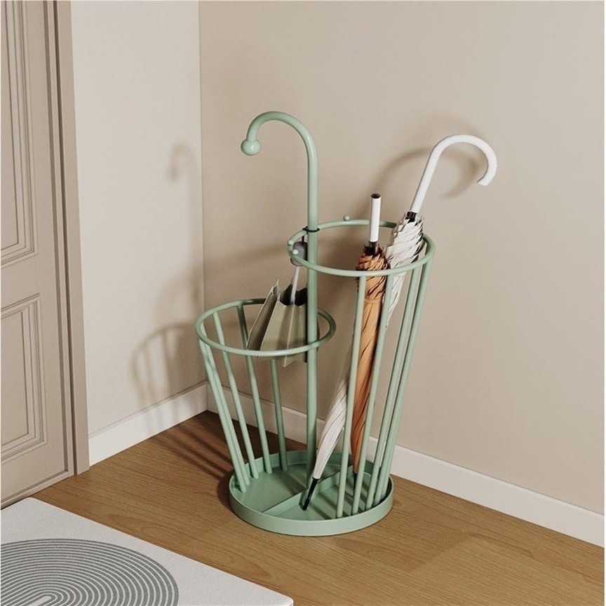 GOIPNGPK Umbrella Stand, Umbrella Holder, Freestanding Umbrella Basket with Drip Tray, Modern Iron Frame Umbrella Storage, Indoor Umbrella Holder for Entryway(Green)