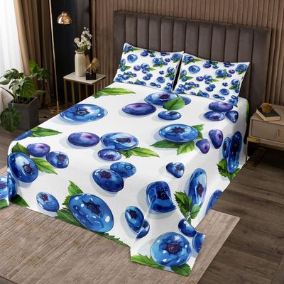 Manfei 3D Blueberry Kids Bedspread Twin Size,Hawaii Summer Tropical Fruit Coverlet Set,Boys Girls Room Decor,Green Botanical Leaves Quilted Coverlet,Blue White Bedding Quilt,1 Pillowcase