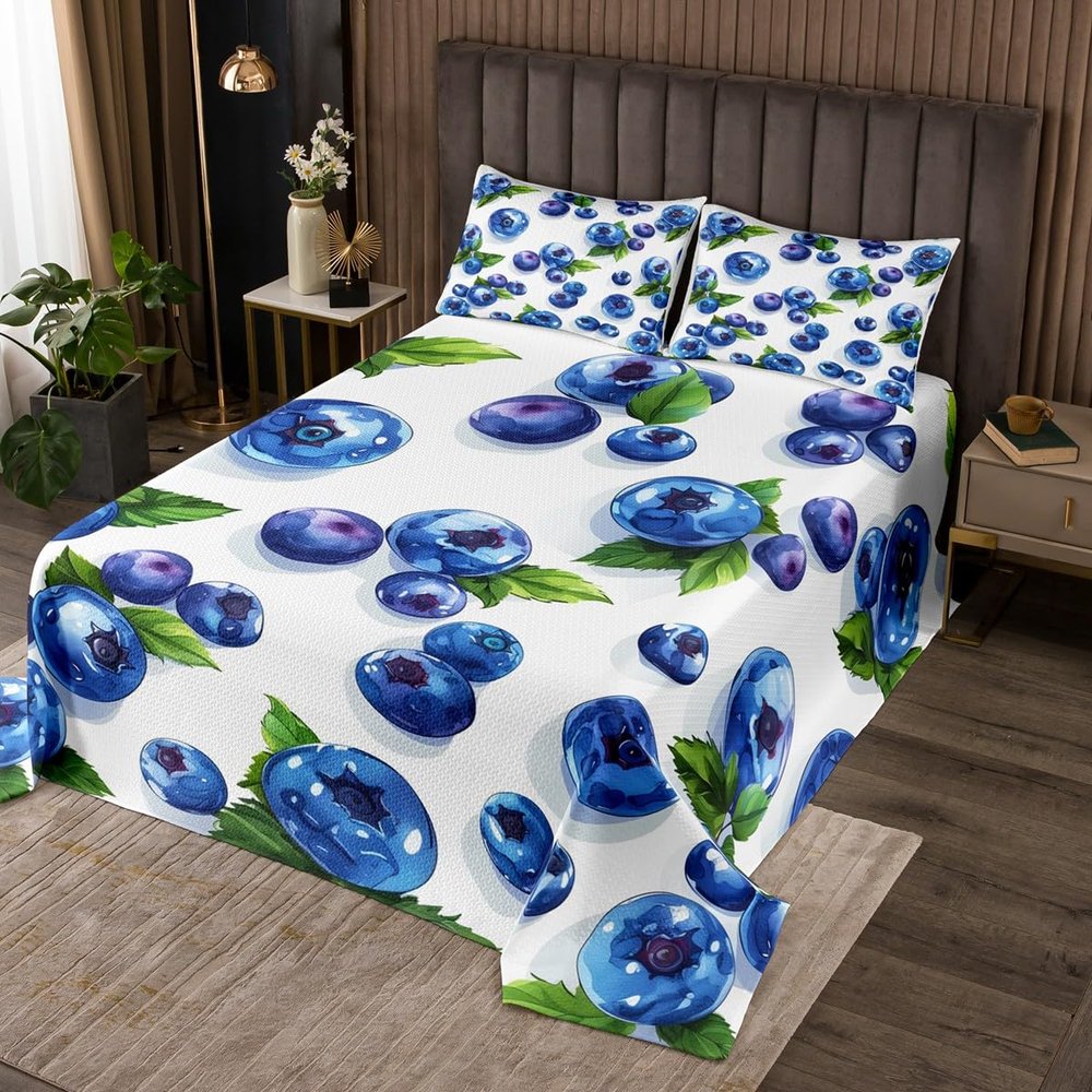 Manfei 3D Blueberry Kids Bedspread Twin Size,Hawaii Summer Tropical Fruit Coverlet Set,Boys Girls Room Decor,Green Botanical Leaves Quilted Coverlet,Blue White Bedding Quilt,1 Pillowcase