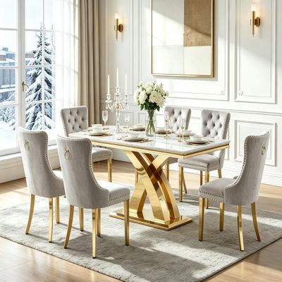 7 Piece Dining Table Set with 6 Gray Dining Chair, 68'' Luxury Faux Marble White and Gold Dining Table Set for 6, Heavy Base Kitchen Table and Chairs Set for 6