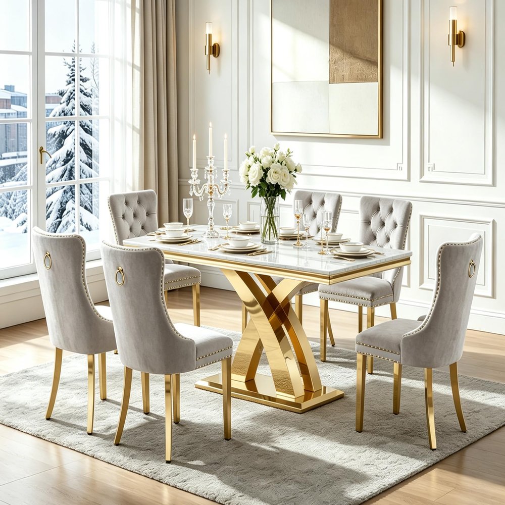 7 Piece Dining Table Set with 6 Gray Dining Chair, 68'' Luxury Faux Marble White and Gold Dining Table Set for 6, Heavy Base Kitchen Table and Chairs Set for 6