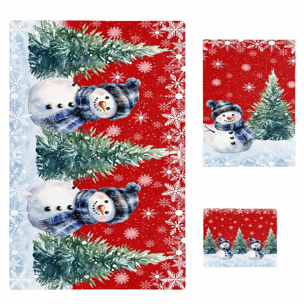 Edwiinsa Red Christmas Snowman Bath Towels 3 Pack, Xmas Tree Snowflake Snowscape Soft Plush Microfiber Large Bathroom Towel Hand Towel Washcloths Winter Christmas Shower Towel for Home Gym Travel