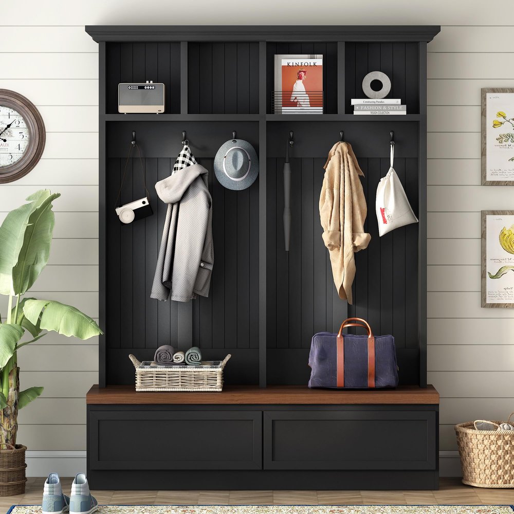 Versatile 56'' Wide Hall Tree with Wood Grain Bench and 2 Storage Drawers, Large Entrance Organizer with 6 Black Hooks, Entryway Coat Hanger with Open Compartments for Living Room Hallway (Black-Dark)