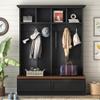 Versatile 56'' Wide Hall Tree with Wood Grain Bench and 2 Storage Drawers, Large Entrance Organizer with 6 Black Hooks, Entryway Coat Hanger with Open Compartments for Living Room Hallway (Black-Dark) view 1