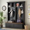 Versatile 56'' Wide Hall Tree with Wood Grain Bench and 2 Storage Drawers, Large Entrance Organizer with 6 Black Hooks, Entryway Coat Hanger with Open Compartments for Living Room Hallway (Black-Dark) view 2