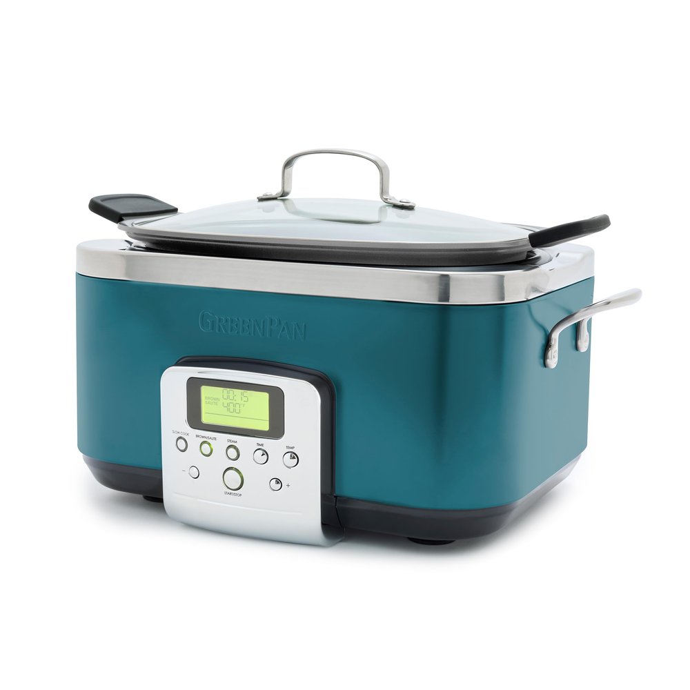 GreenPan Elite 8-in-1 Programmable 6QT Electric Slow Cooker, Dishwasher Safe Lid & Removable Crock, PFAS-Free Healthy Ceramic Nonstick Multi-Cooker, Sear, Saut/Brown, Steam Basket, Roast, Deep Teal