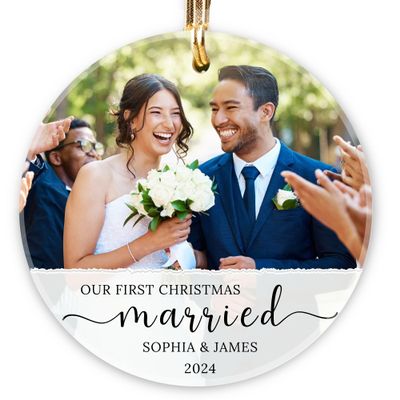 1st Christmas Married Ornament 2024, Bride and Groom Personalized Photo Ornaments Wedding Gifts for Couples, Custom Photo Ornament for Our First Christmas Married, Mr & Mrs Xmas Ornament