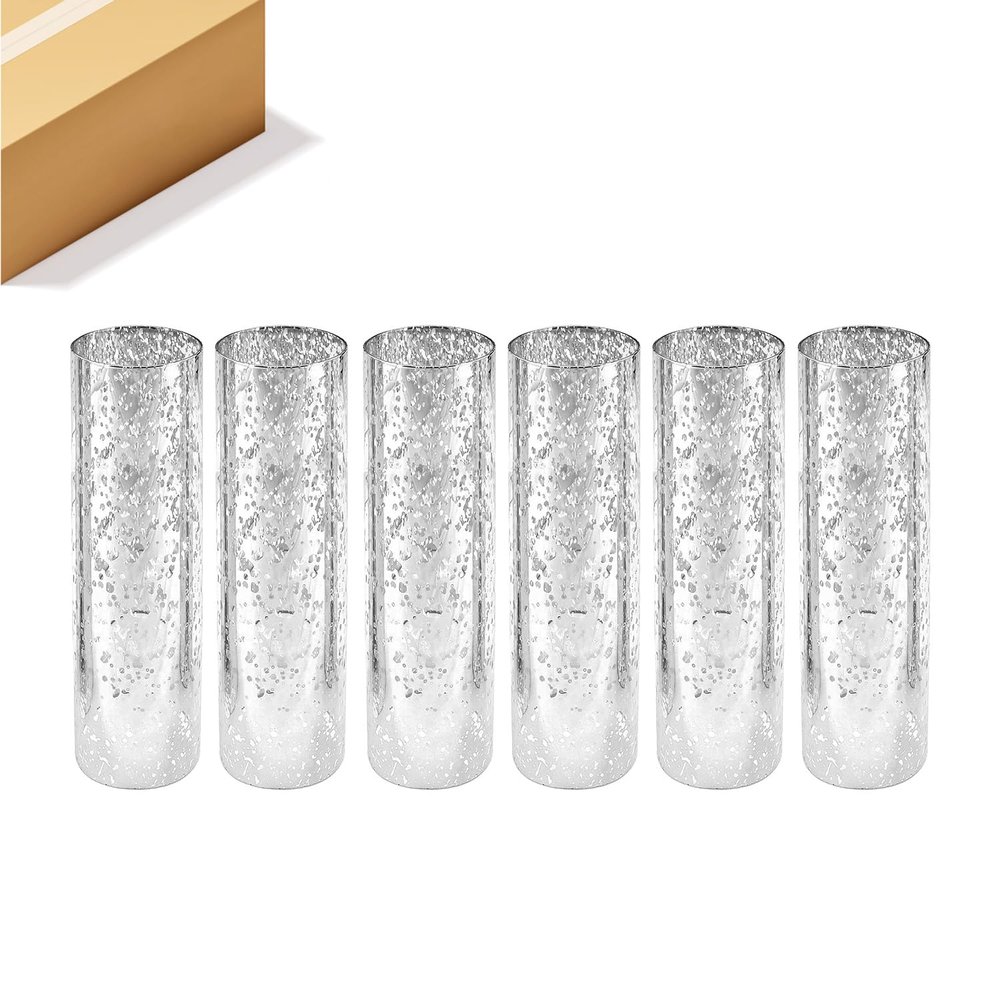 WGVI Hurricane Candle Holder Sleeve, W: 4", Ht: 12", Silver Speckled Glass Cylinder Open Both Ends, Chimney Tube Shade, 6 Pieces