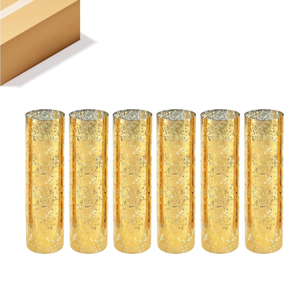 WGVI Hurricane Candle Holder Sleeve, W: 5", Ht: 14", Gold Speckled Glass Cylinder Open Both Ends, Chimney Tube Shade, 6 Pieces