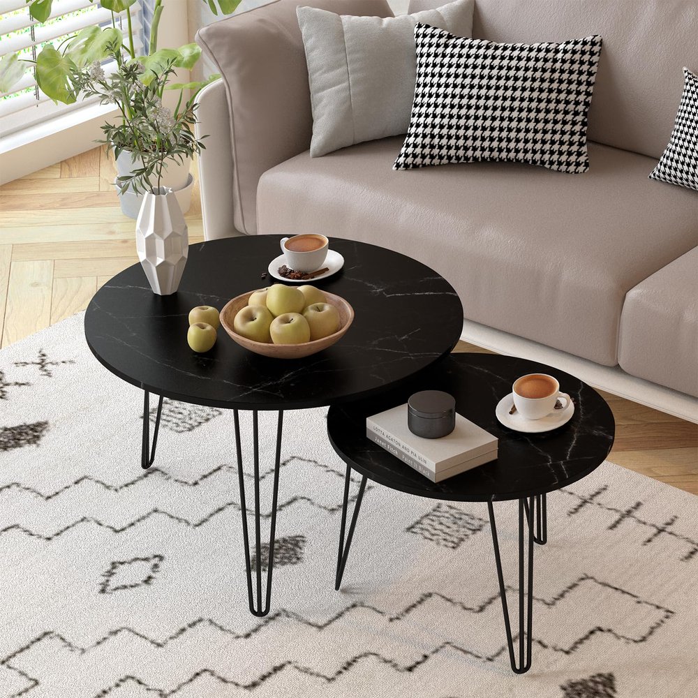 kikiumi Nesting Table Set of 2, 27.56"  x 17.71" H & 19.68"  x 14.96" H Round Nesting Coffee Table Set,Black Marble Pattern Table Top with Tripod Legs(Marbled Black)