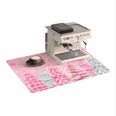 Pink Christmas Tree Coffee Mat Large For Countertop Coffee Bar Accessories,Snowflake Xmas Winter Buffalo Plaid Absorbent Quick Dry Dish Drying Mat Non-Slip Pad For Kitchen Counter Coffee Maker,18"x28"