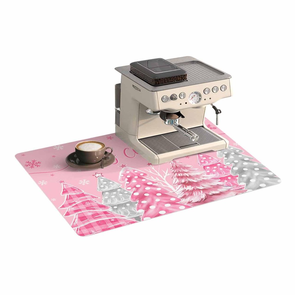 Pink Christmas Tree Coffee Mat Large For Countertop Coffee Bar Accessories,Snowflake Xmas Winter Buffalo Plaid Absorbent Quick Dry Dish Drying Mat Non-Slip Pad For Kitchen Counter Coffee Maker,18"x28"