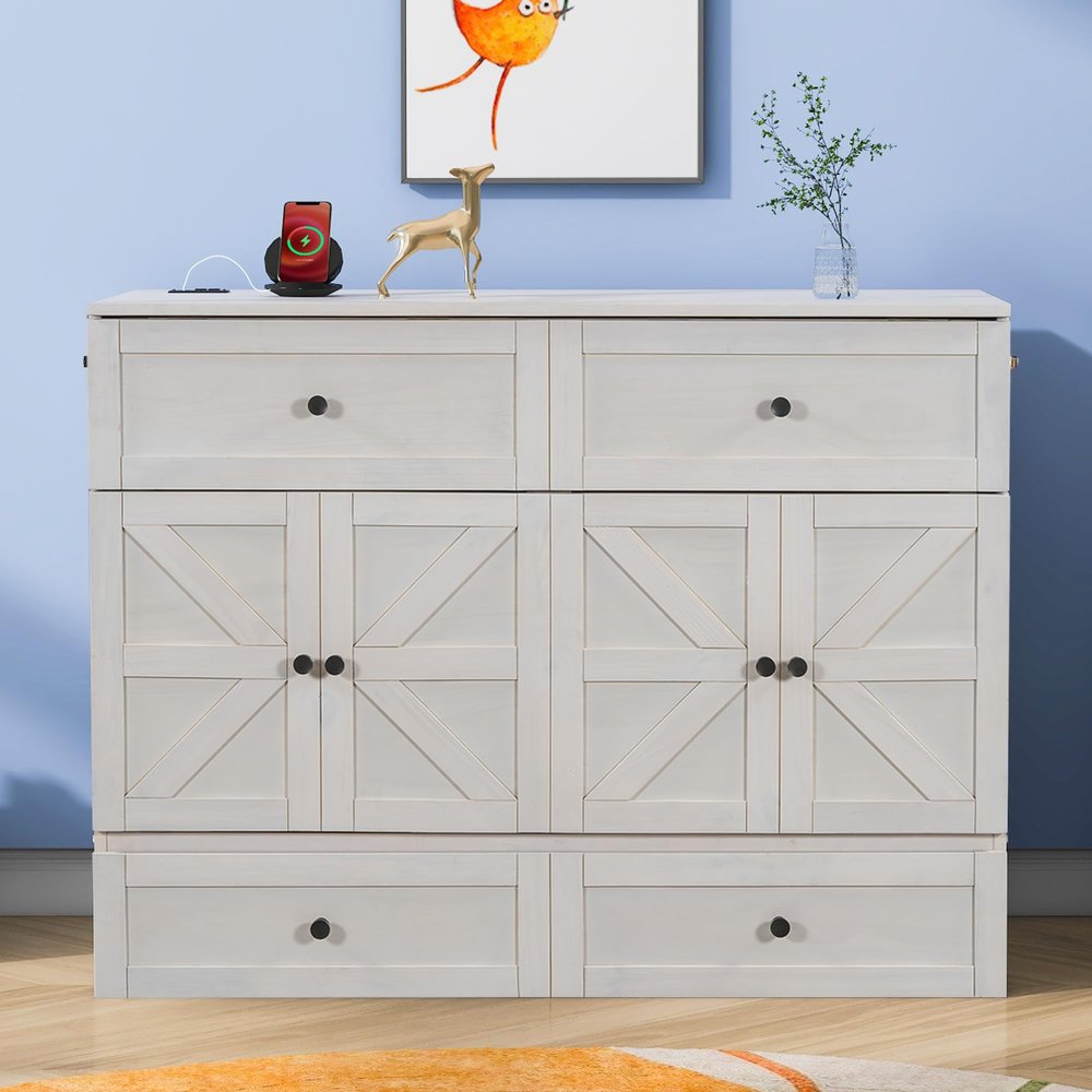 Harper & Bright Designs Full Size Murphy Bed, Wood Full Cabinet Bed with Large Drawers & USB Ports, Brushed White