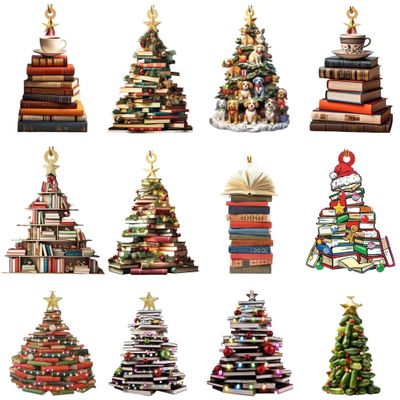12Pcs Christmas Book Tree Ornament 3 Inch Acrylic 2D Book Tree Ornament Stacked Hanging Little Book Christmas Ornament for Indoor and Outdoor Christmas Tree Decor..