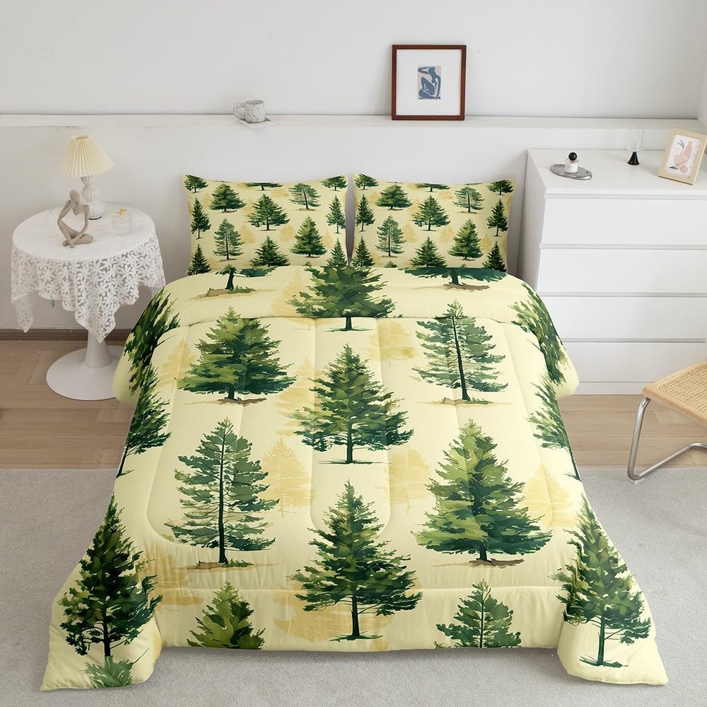 Feelyou Trees Comforter Set Toddle Size Natual Theme Comforter for Boys Girls Teens Winter Bedding Set Snowy Duvet Set Room Decor Tea Green Quilt Set