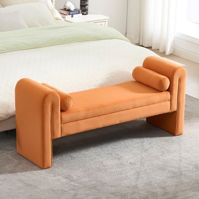 PEIHONGET Velvet Bench for Bedroom End of Bed, 60.5- inch Upholstered Button Tufted Ottoman Bench with Rolled Arms, Button-Tufted Ottoman for Living Room, Entryway(Orange)