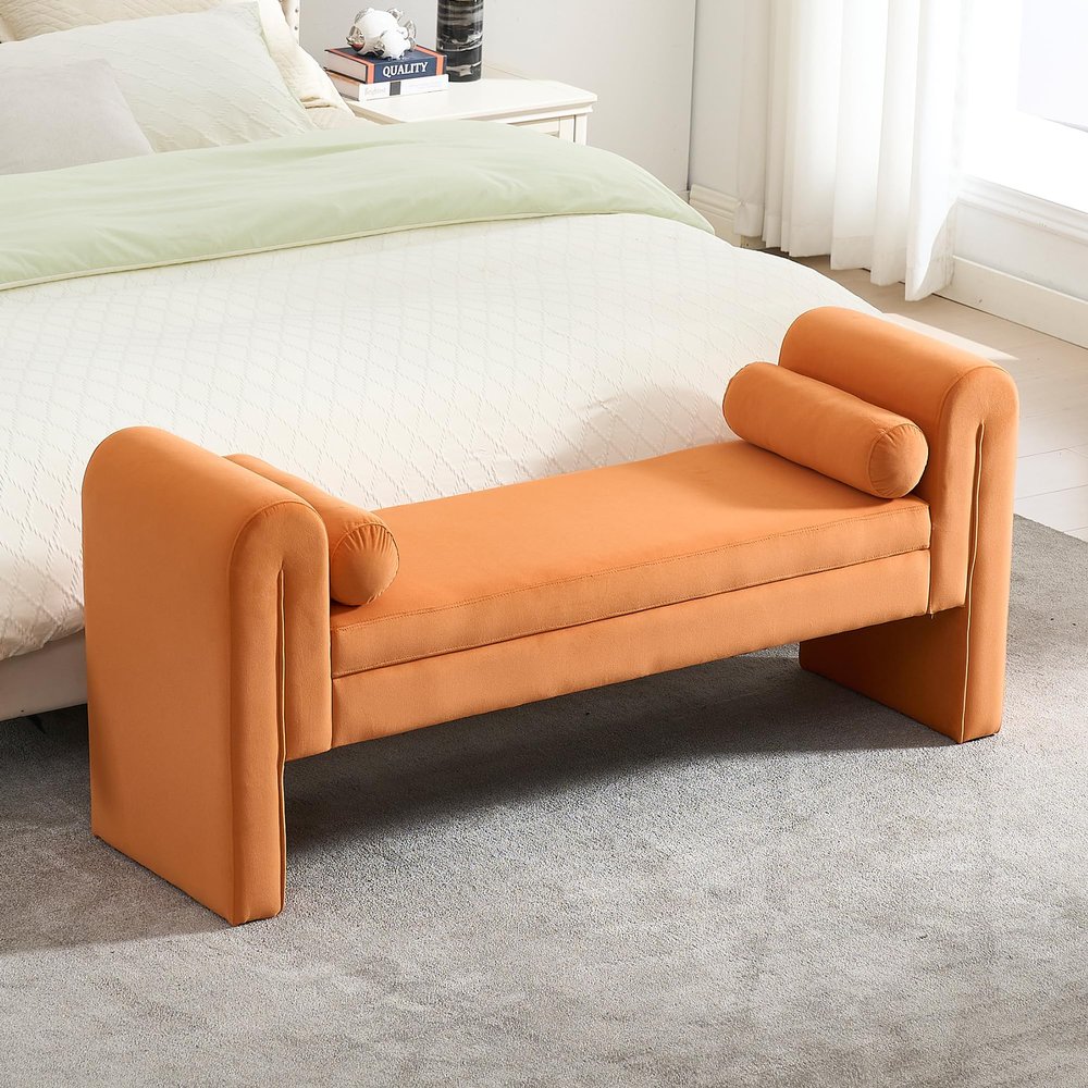 PEIHONGET Velvet Bench for Bedroom End of Bed, 60.5- inch Upholstered Button Tufted Ottoman Bench with Rolled Arms, Button-Tufted Ottoman for Living Room, Entryway(Orange)