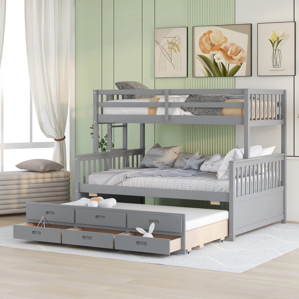 Ball & Cast Twin-Over-Full Bunk Bed with Twin-Size Trundle and Drawers,Separable Wood Bunkbed w/Full-Length Guard Rail & Slat Support,Space Saving,Bedroom Furniture for Student Dorms,Studio,Gray