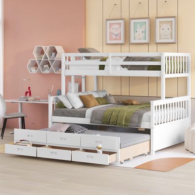 Ball & Cast Twin-Over-Full Bunk Bed with Twin-Size Trundle and Drawers,Separable Wood Bunkbed w/Full-Length Guard Rail & Slat Support,Space Saving,Bedroom Furniture for Student Dorms,Studio,White