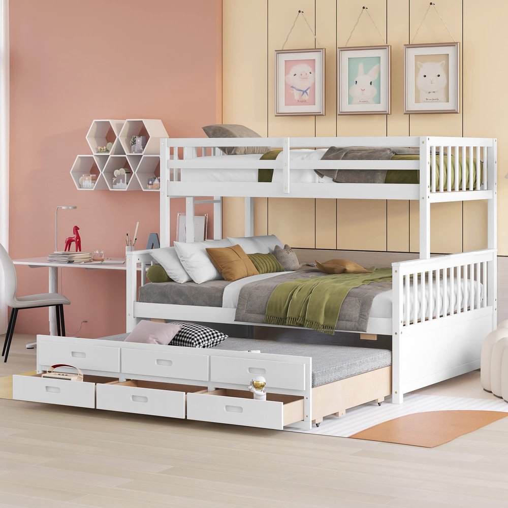 Ball & Cast Twin-Over-Full Bunk Bed with Twin-Size Trundle and Drawers,Separable Wood Bunkbed w/Full-Length Guard Rail & Slat Support,Space Saving,Bedroom Furniture for Student Dorms,Studio,White