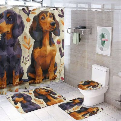 HDESDIS 4Pcs Cartoon Dachshund Dog Shower Curtain Sets with Rugs, Toilet Lid Cover and Bath Mat, Vintage Balloon Leaf Bathroom Shower Curtains Set with 12 Hooks