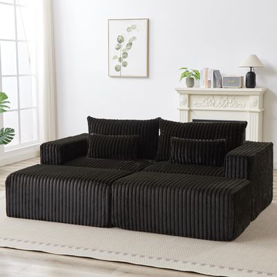 87" Modular Sectional Sofa Cloud Couch Oversized Chaise Lounge Plush Corduroy Upholstered Loveseat Sofa with Two Removable Ottoman Fluffy Modern Sleeper Sofas Bed for Living Room Bedroom, Black