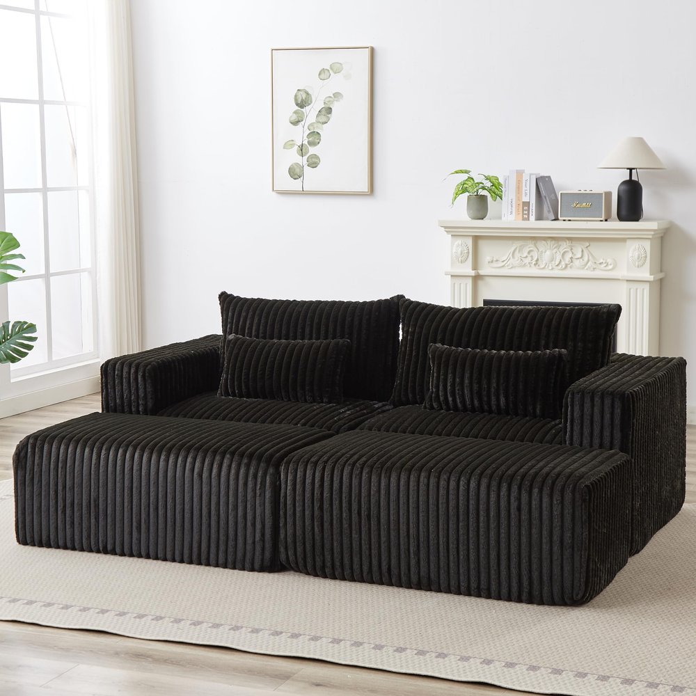 87" Modular Sectional Sofa Cloud Couch Oversized Chaise Lounge Plush Corduroy Upholstered Loveseat Sofa with Two Removable Ottoman Fluffy Modern Sleeper Sofas Bed for Living Room Bedroom, Black