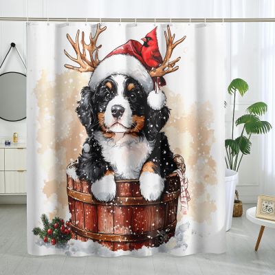 DESIHOM Christmas Bernese Mountain Dog Shower Curtain Set 62" W x 72" L, Puppy Xmas Cardinal Bathroom Decor, Pet Printed Fabric Bath Accessories