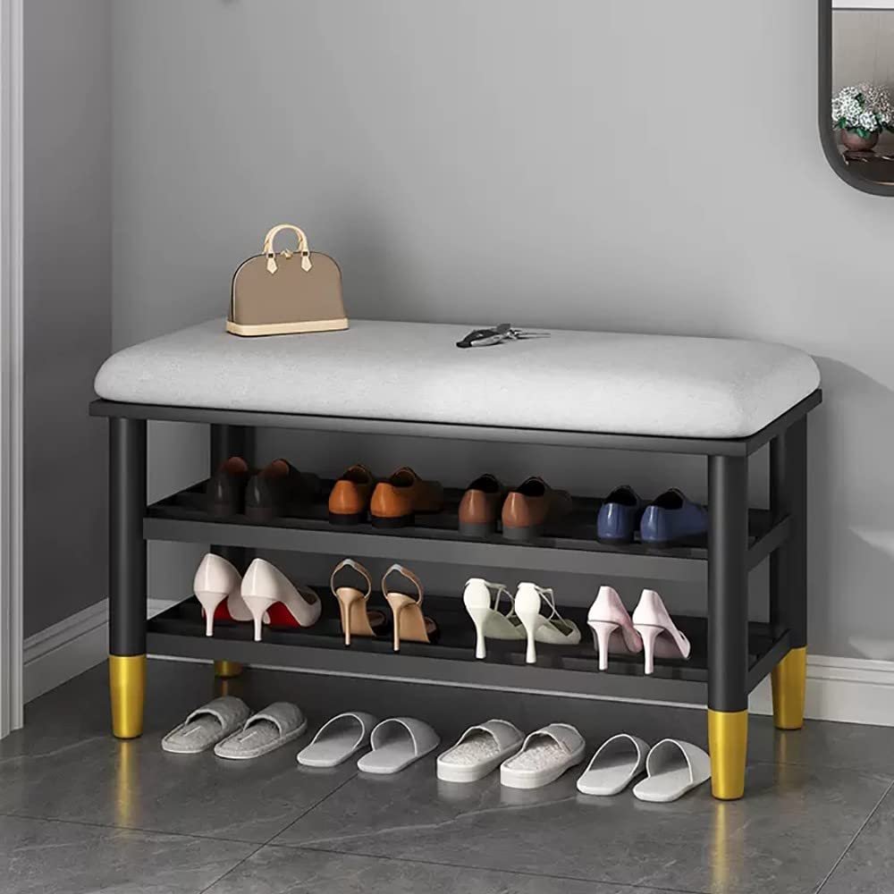 QYQCXGL 3-Tier Shoe Rack, Shoe Bench with Cushion Padded Seat for Entryway, Small Shoe Organizer with Storage for Indoor Entrance Hallway Bedroom Living Room,Storage Bench 80x30x42cm