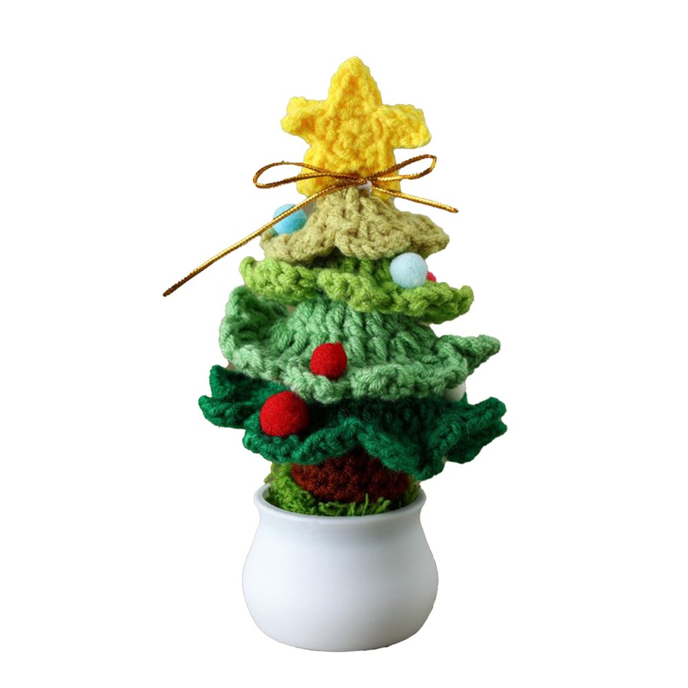 POTRUWE Unique Artificial Knitted Christmas Tree Potted, Adorable Mini Handcrafted Knit Tabletop Christmas Trees, Xmas Eve Festive Desktop Decor Cute Warm Holiday Accent (A)