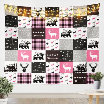 Bear Silhouette Tapestry Pink Gray Grid Tapesrties Dcor Living Room Bedroom Stars Arrow Wall Hangings Art Rustic Farmhouse Tapestry Wall Hanging for Home Decor 59.1x82.7