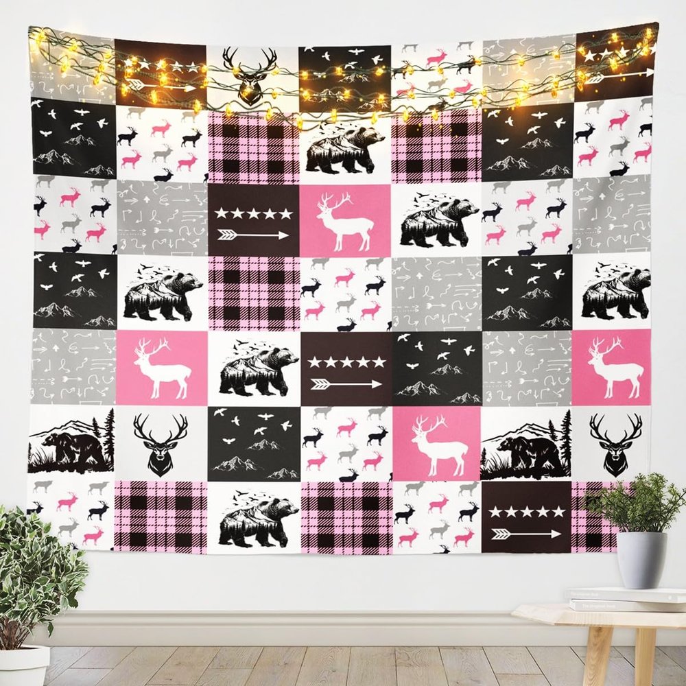 Bear Silhouette Tapestry Pink Gray Grid Tapesrties Dcor Living Room Bedroom Stars Arrow Wall Hangings Art Rustic Farmhouse Tapestry Wall Hanging for Home Decor 59.1x82.7