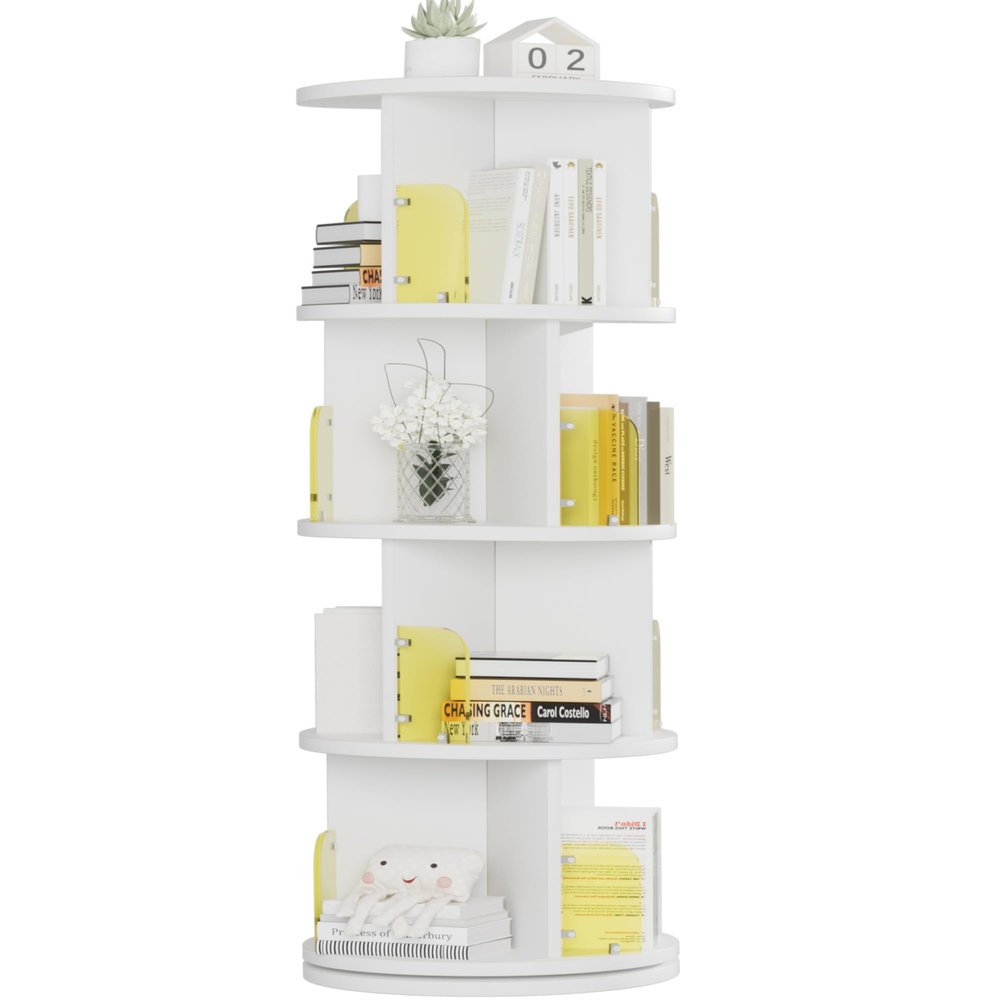 VECELO Rotating Bookshelf Tower, 360Revolving Bookcase, Round Book Shelf Rotating, Stackable Storage Display Rack Floor Standing for Kids&Adults Solid Wood, White