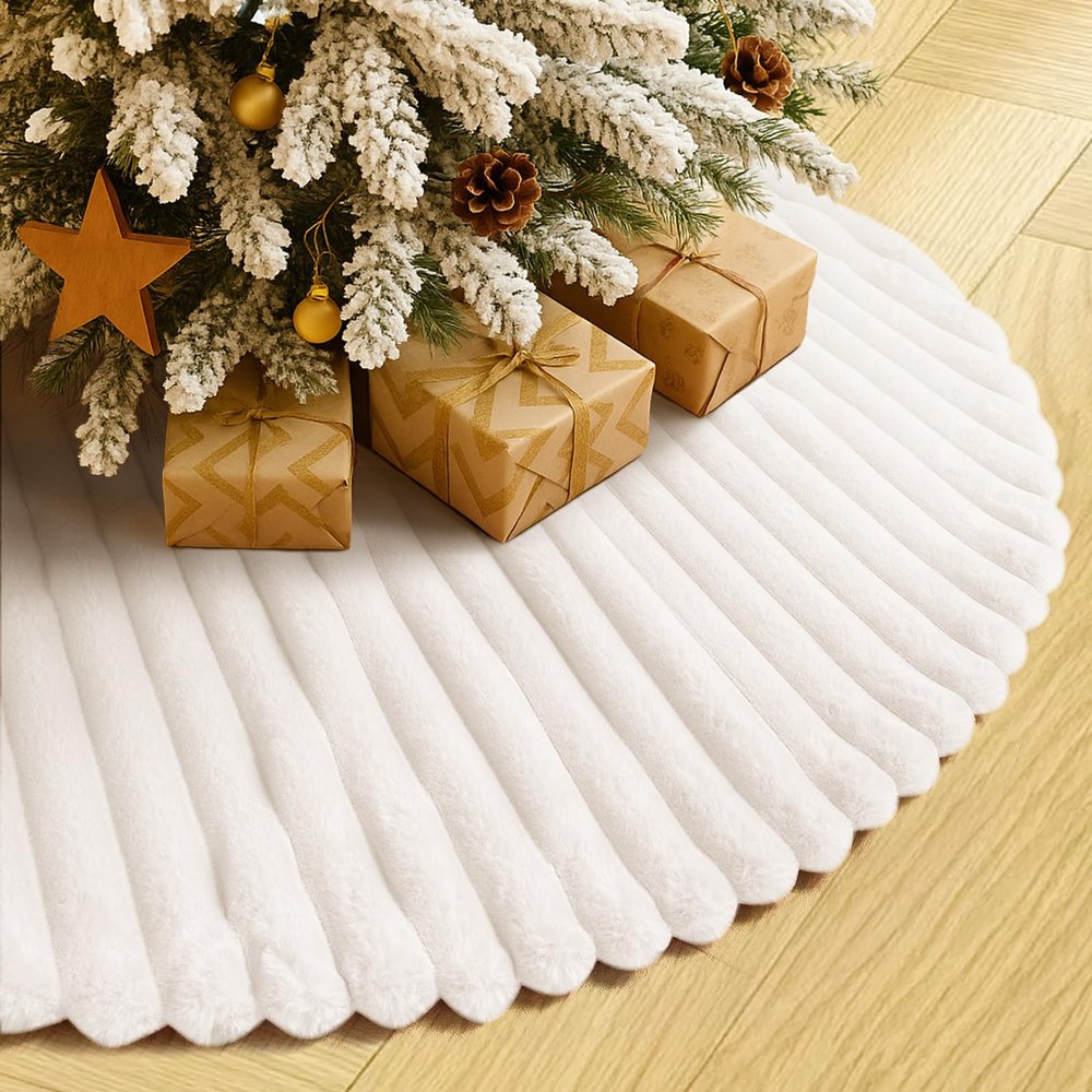 Christmas Tree Skirt White Plush 48 inch Faux Fur Xmas Tree Skirt Soft Plush Stripe Textured Pattern for Holiday Party Christmas Tree Decorations