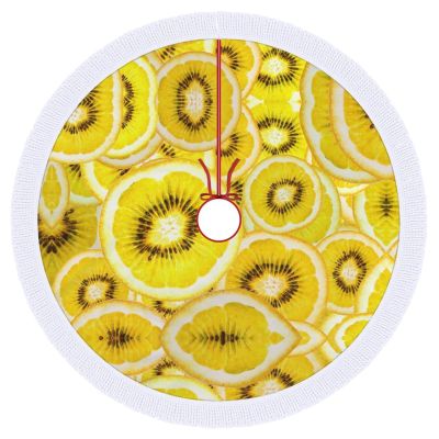 Kiwi Fruit, Gold, Sliced Christmas Tree Skirt, 30"x30" Tree Skirt for Party Home Decoration,Tassel Lace Soft Tree Mat for New Year