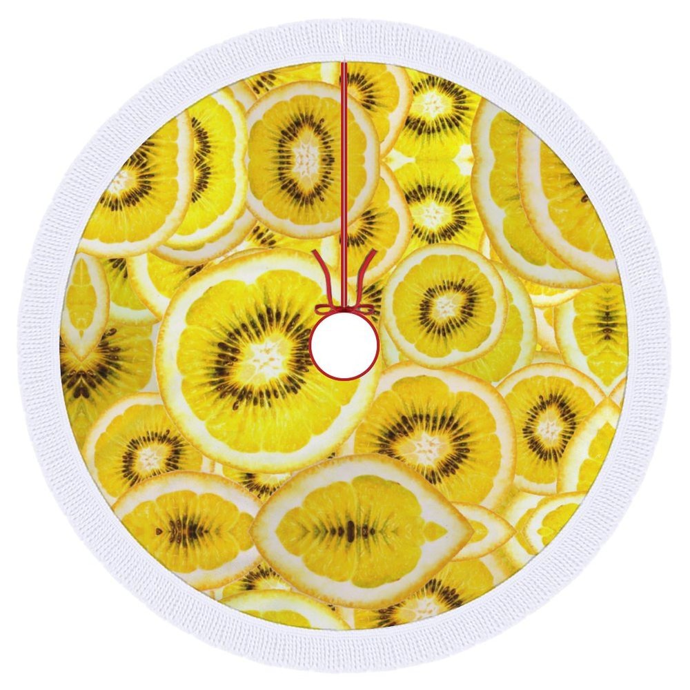 Kiwi Fruit, Gold, Sliced Christmas Tree Skirt, 30"x30" Tree Skirt for Party Home Decoration,Tassel Lace Soft Tree Mat for New Year