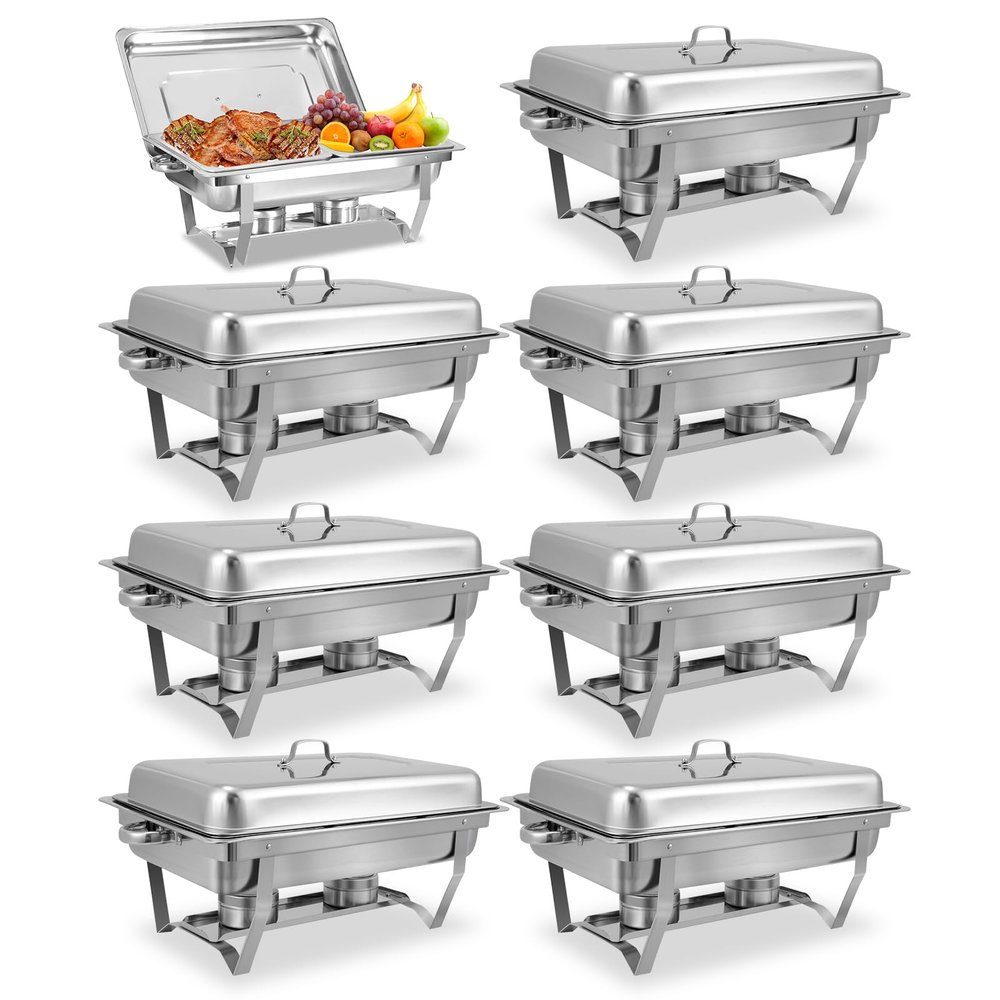 PRIJESSE 8 QT Chafing Dish High Grade Stainless Steel Chafer Complete Set, Silver Food Wamer with Half Size Food Pan, Metal Handle for at least 8 People (8 Pack)