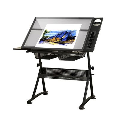 KJLYLPP Folding Art Desk/Drafting/Drawing Table/Craft Desk with Adjustable Height 74-93Cm, 2 Drawers and 0-80 Tiltable Tabletop, Tempered Glass, Load Capacity 220 Lb