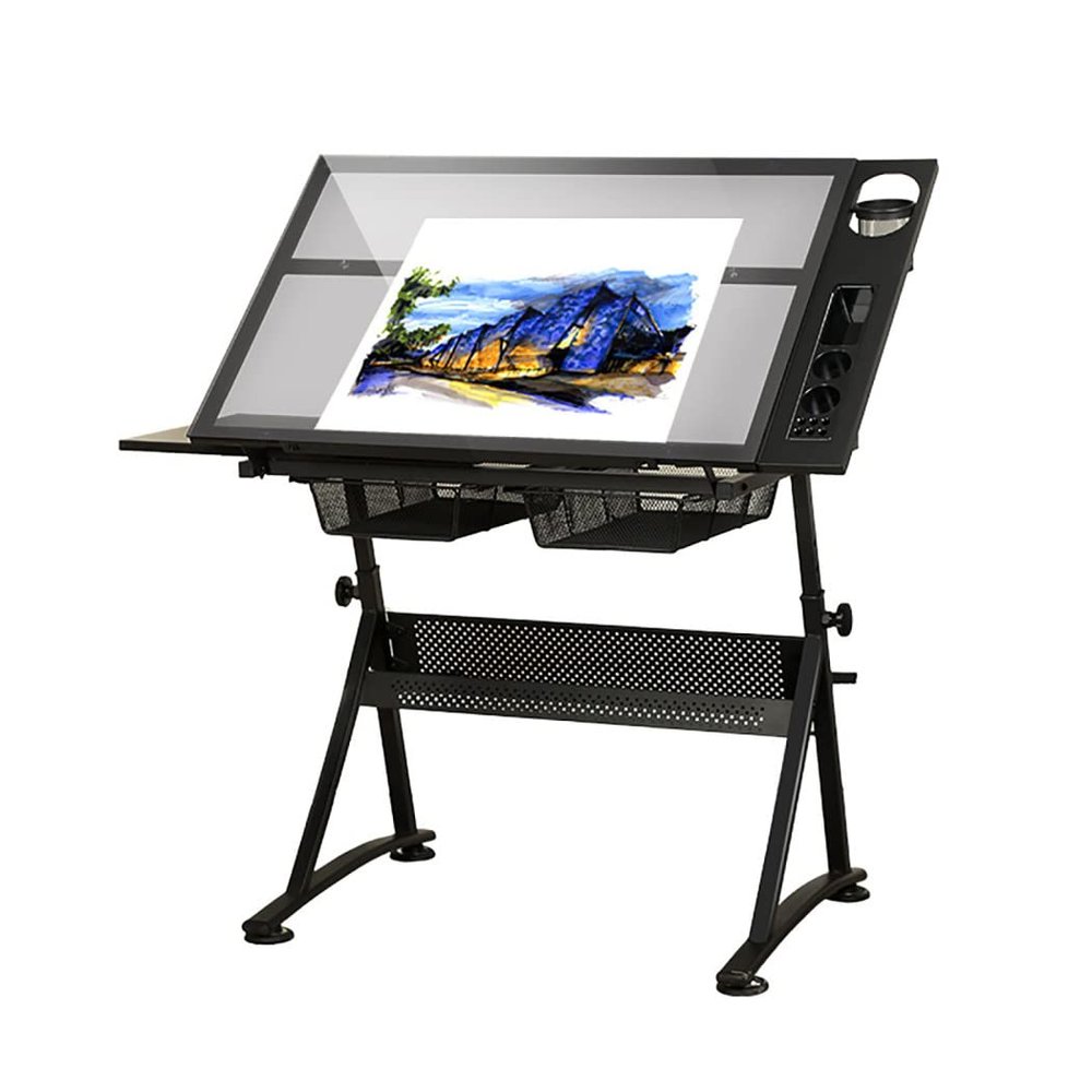 KJLYLPP Folding Art Desk/Drafting/Drawing Table/Craft Desk with Adjustable Height 74-93Cm, 2 Drawers and 0-80 Tiltable Tabletop, Tempered Glass, Load Capacity 220 Lb