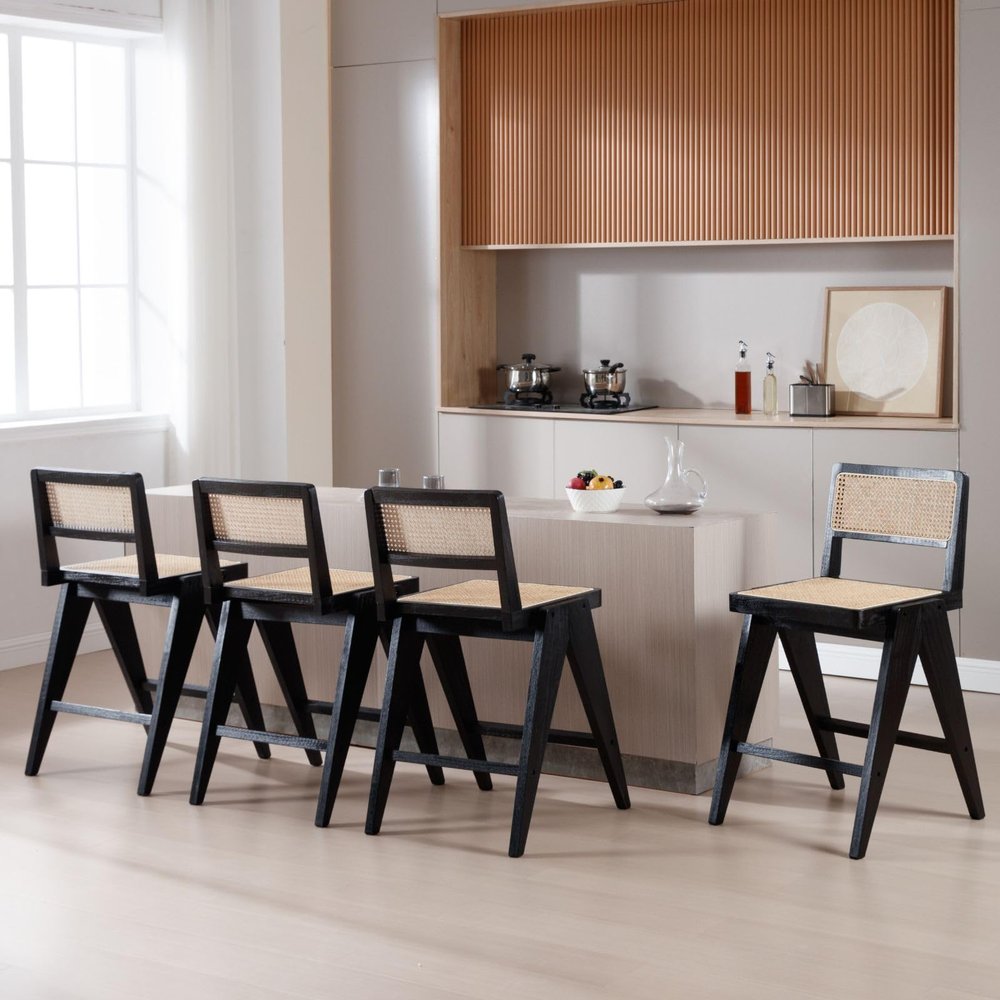 ChicAura 26" Rattan Bar Stools Set of 4, Mid Century Modern Wicker Counter Stools with Woven Back and Footrest Armless, Wood Legs Bar Chair for Kitchen Island Dining Room Home Pub Bistro, Black