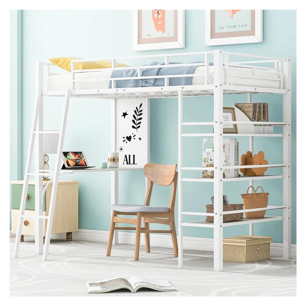 DUORUIMI Full Size Loft Bed with Desk, Storage Stairs and Wardrobe, Full Loft Bed with Charging Station,Bed Frame