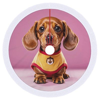 Christmas Tree Skirt Xmas Tree Skirt Decor Mats Cute Dachshund Duggee Printed Christmas Decorations for Xmas Holiday Indoor Party Outdoor Decorations with Tassels