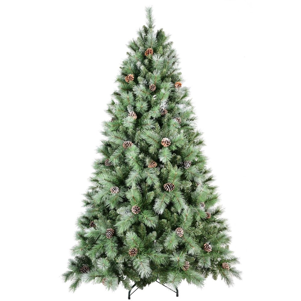 7.5FT Frosted Christmas Tree with 92 Pine Cone & Pine Needles, Premium Unlit Artificial Christmas Tree with 1588 Branch Tips, Realistic Hinged Xmas Tree with Metal Stand for Holiday Decoration
