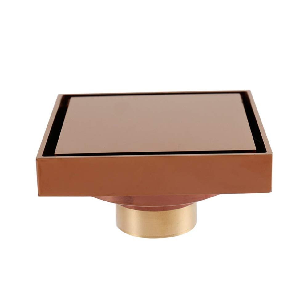 Invisible Shower Floor Drain Tile Insert 4 Inch Square Shower Floor Drain Removable Cover, Brass Bathroom Drainer with Hair Strainer for Kitchen Washroom Garage Basement(Rose Gold)